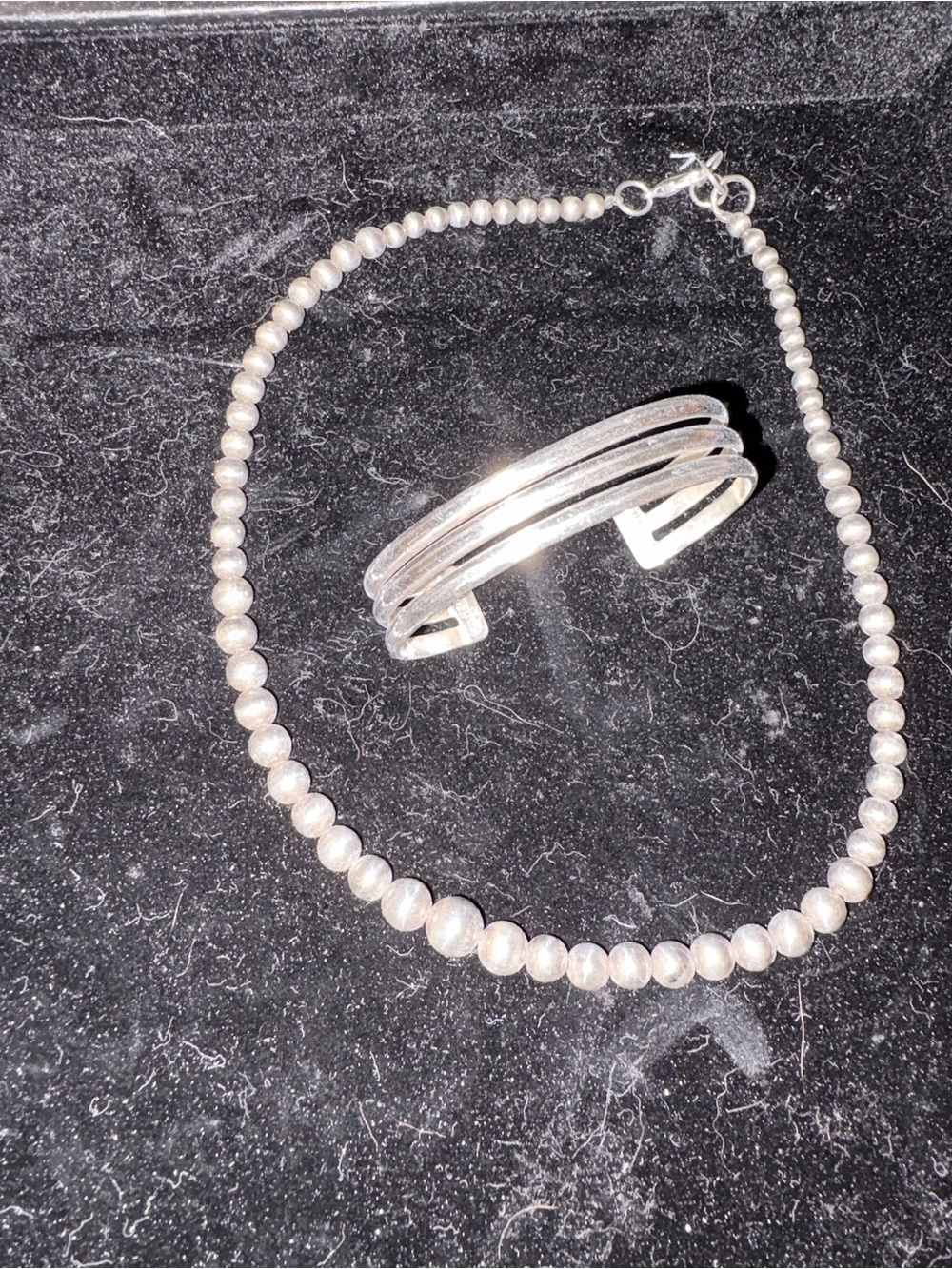 Sterling Silver Beaded Necklace and Cuff Bracelet Set - Silver